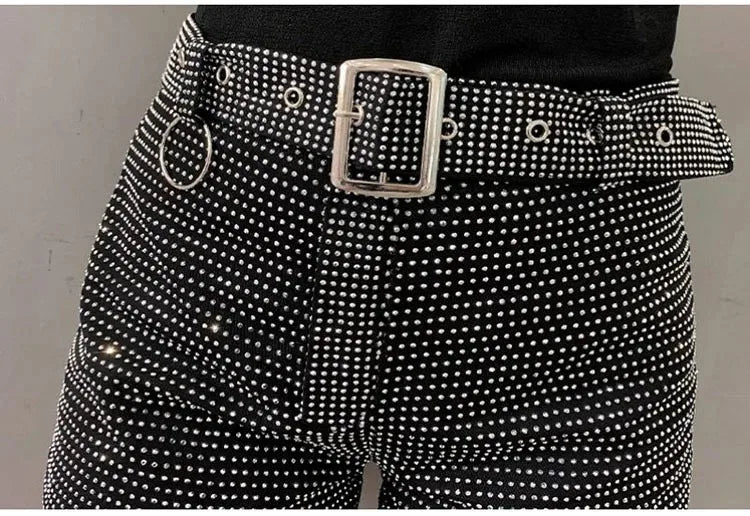 Rhinestone Shorts Women Wide Leg Shorts High Waist Sexy New Fashion Elastic Waist Diamond Casual Hot Pants Female belt