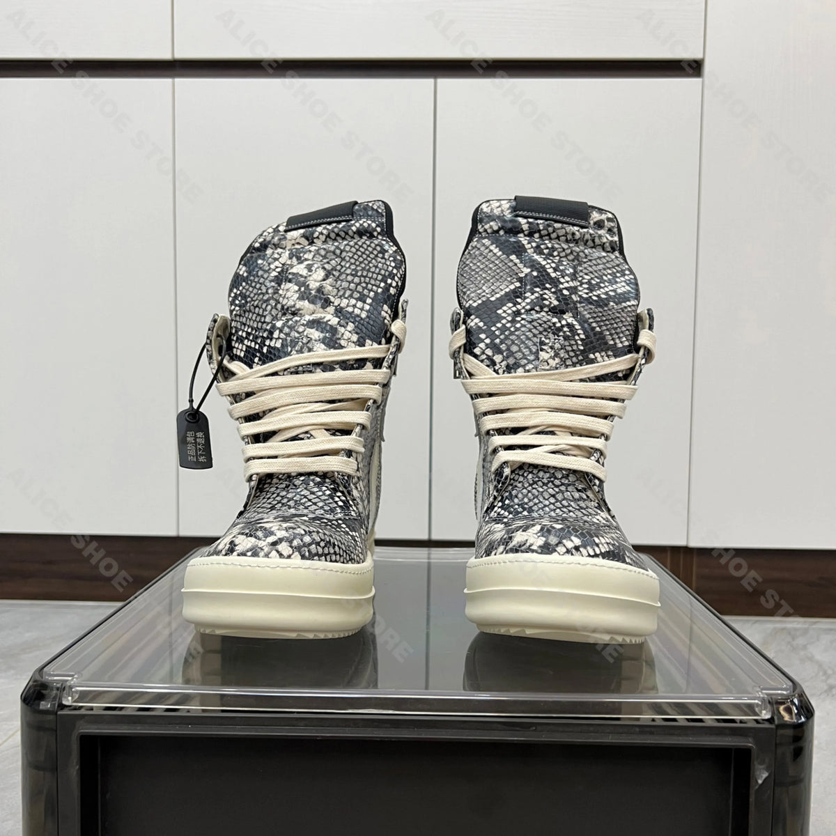 PENDRA Python Leather Black Leather High-Top Python-Pattern Platform Ankle Boots