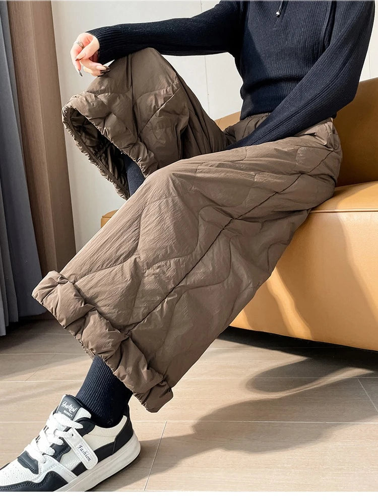 Elastic waist design down pants women winter cold resistant and warm high waist loose hanging casual straight leg pants