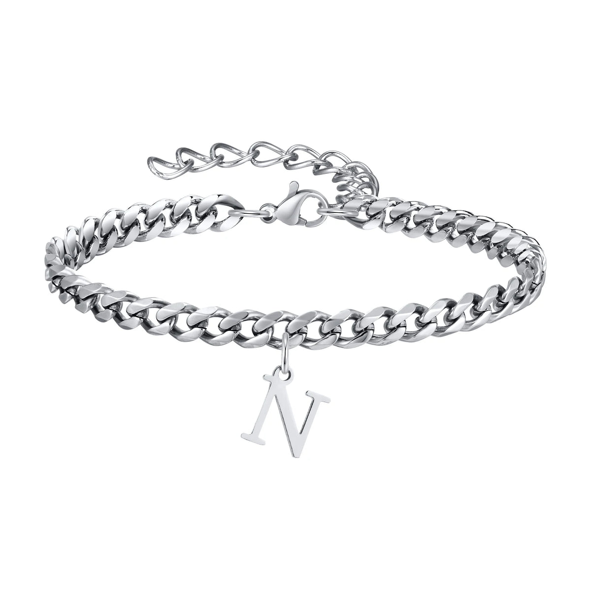 Mens Initials Cuban Links Bracelets,Stainless Steel A-Z 26 Letters Alphabet Charm Chain Wristband Adjustable,Casual Jewelry Gift