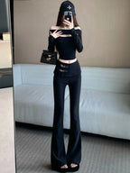High end black micro flared pants women's autumn and winter fashion design high waisted casual slim and versatile pants
