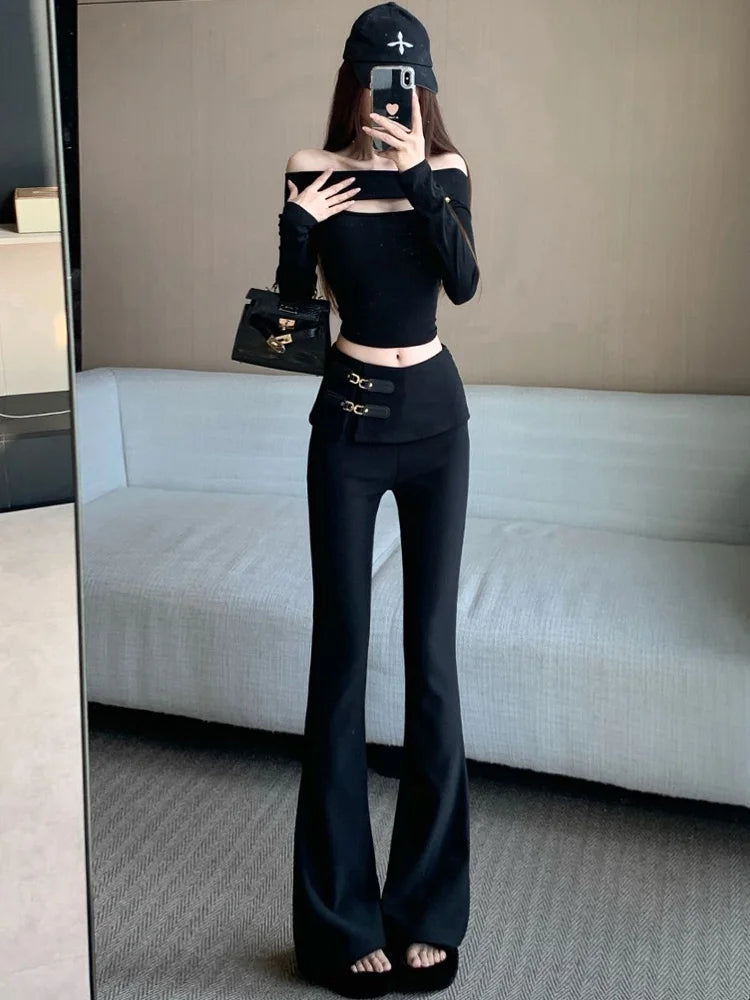 High end black micro flared pants women's autumn and winter fashion design high waisted casual slim and versatile pants