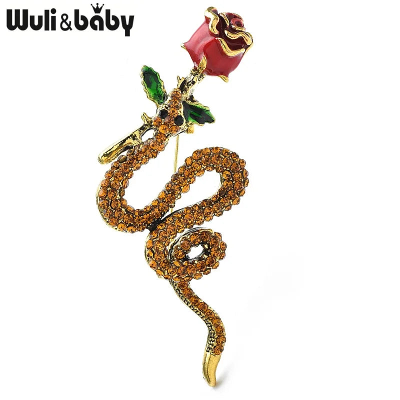 Wuli&baby Vintage Rose-flower And Snake Brooches For Women Unisex 2-color Alloy Rhinestone Animal Party Casual Brooch Pins Gifts