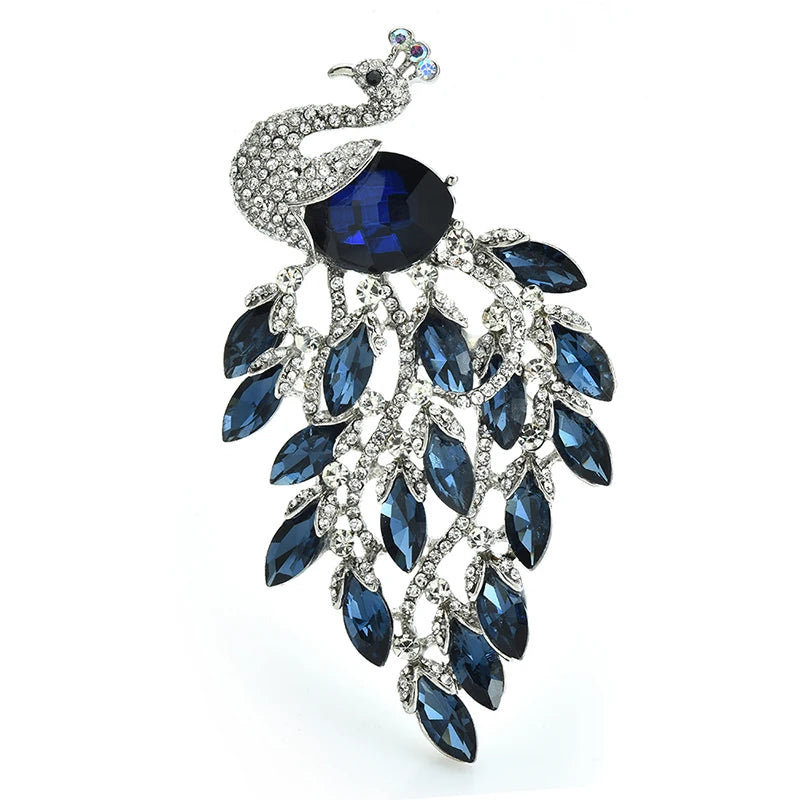 PENDRA Peacrest 3-Color Rhinestone Peacock Brooch