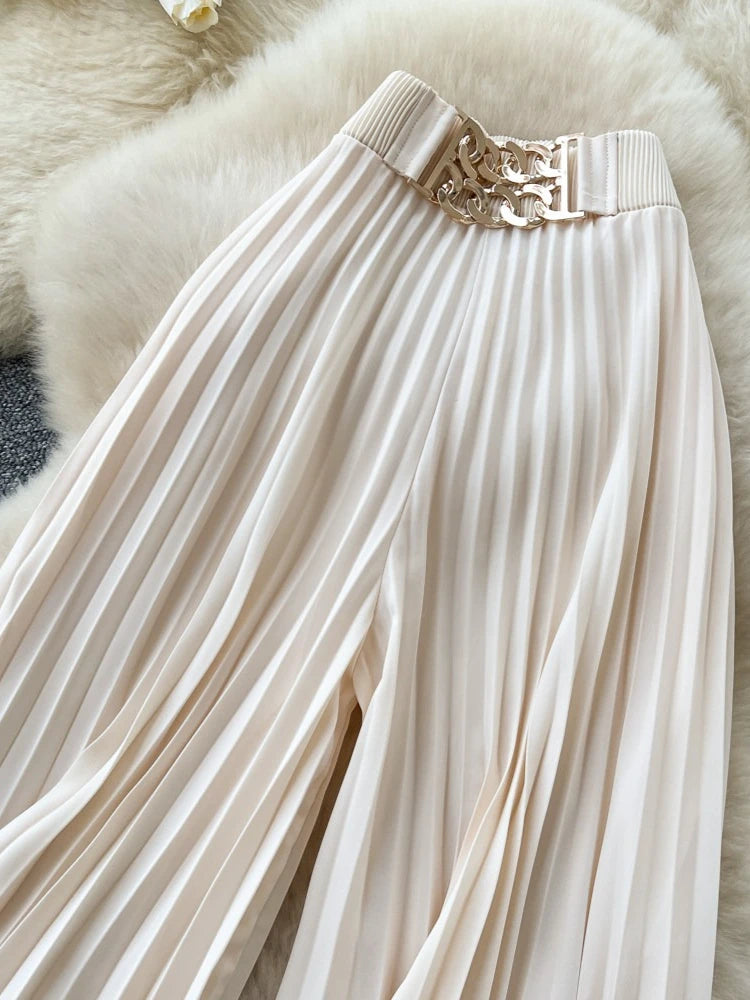 Korean version light mature style high waisted pleated wide leg pants women's spring commuting loose high-end fashion pants