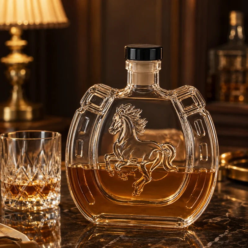 Clear Horseshoe Shaped Liquor Decanter 350ML Embossed Horse Glass Wine Bottle Whisky Container Home Bar Decoration
