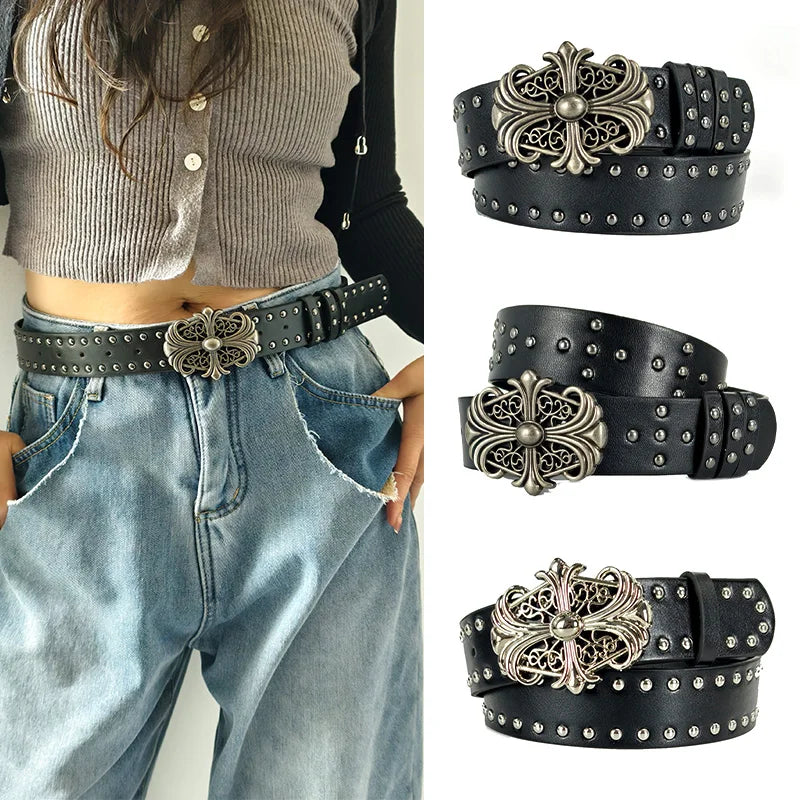 Ribbed trendy Plus Size women's belt Female vintage Cross jeans chic belt For Men dark decorative Punk Accessories Gothic Belt
