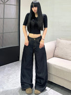 Women's Classic Black Loose American-Style Jeans, Trendy And Versatile Casual Wide-Leg Pants
