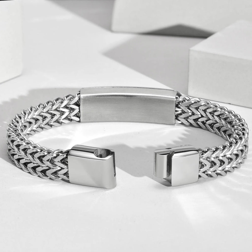 Free Customize ID Bracelets for Men, Waterproof 12mm Stainless Steel Double Layered Cuban Franco Foxtail Chain Wristband