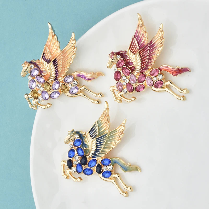 Wuli&baby Rhinestone Flying Elf Horse Brooches For Women Unisex 3-color Enamel Horse Animal Party Brooch Pins New Year Gifts