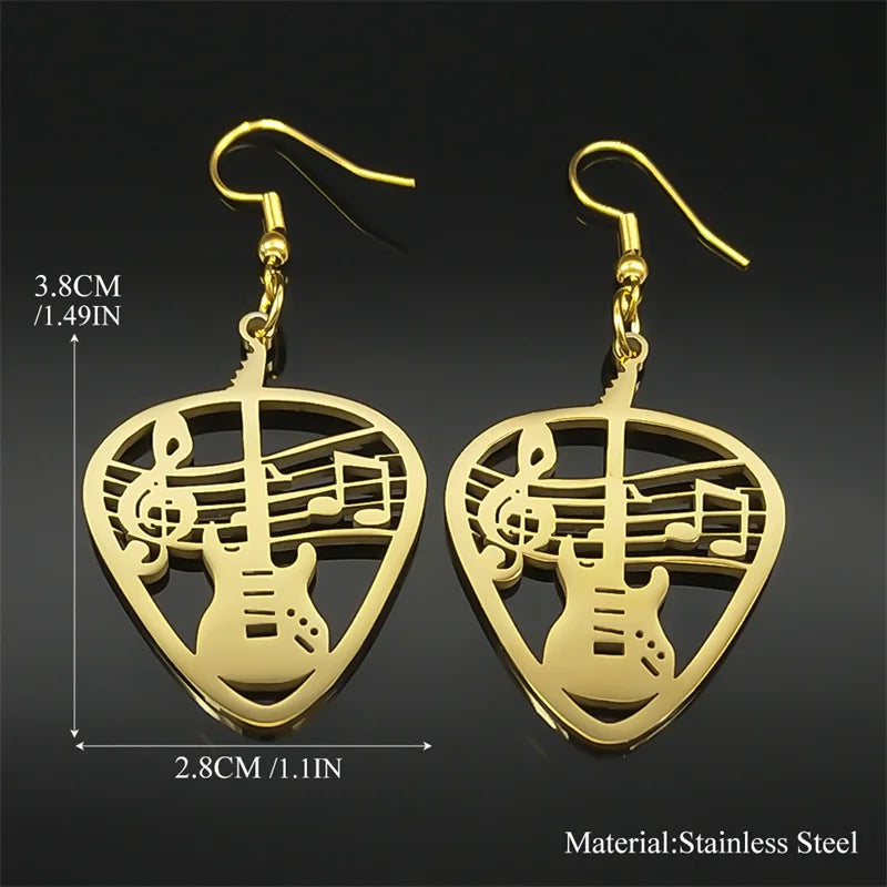 Rock Music Guitar Pick Pendant Drop Earrings for Women Stainless Steel Punk Musical Bass Note Dangle Earring Party Gift Jewelry