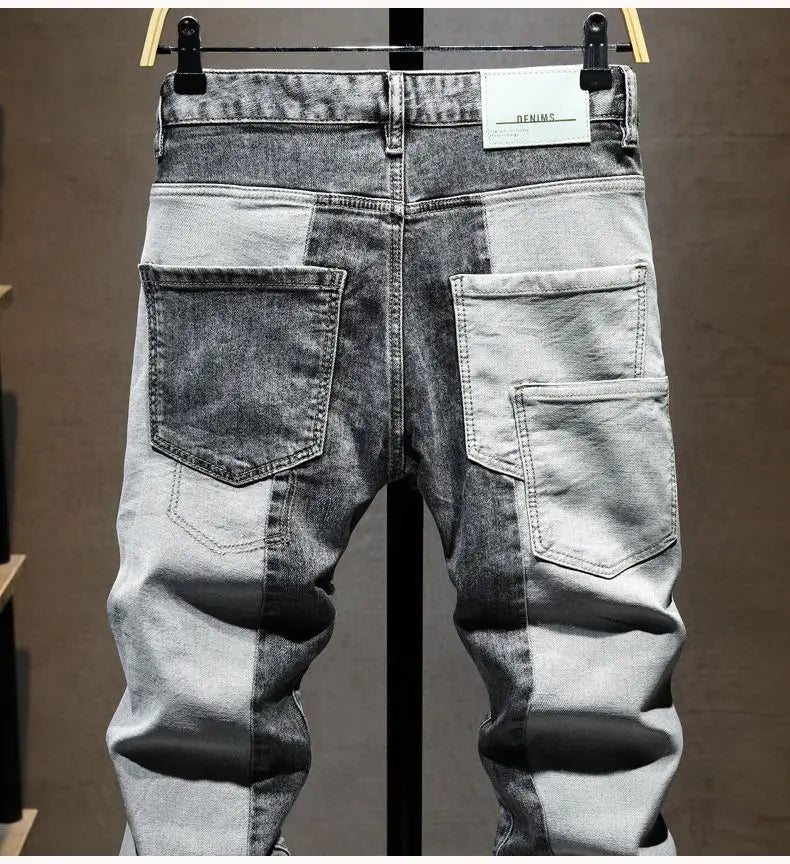 New Arrival High Quality KPOP Splicing Men's Designer Work Pants Jeans Grey Patchwork Korean Fashion Men Luxury Casual Pants