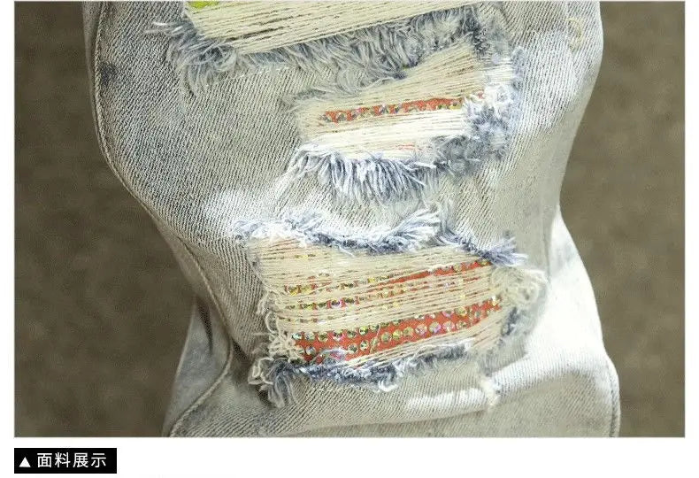 2025 Summer Ripped Jeans Men's Slim-fitting Small Feet Elastic Trousers Trendy Brand Fashion Scratched Patch Cargo Beggar Pants