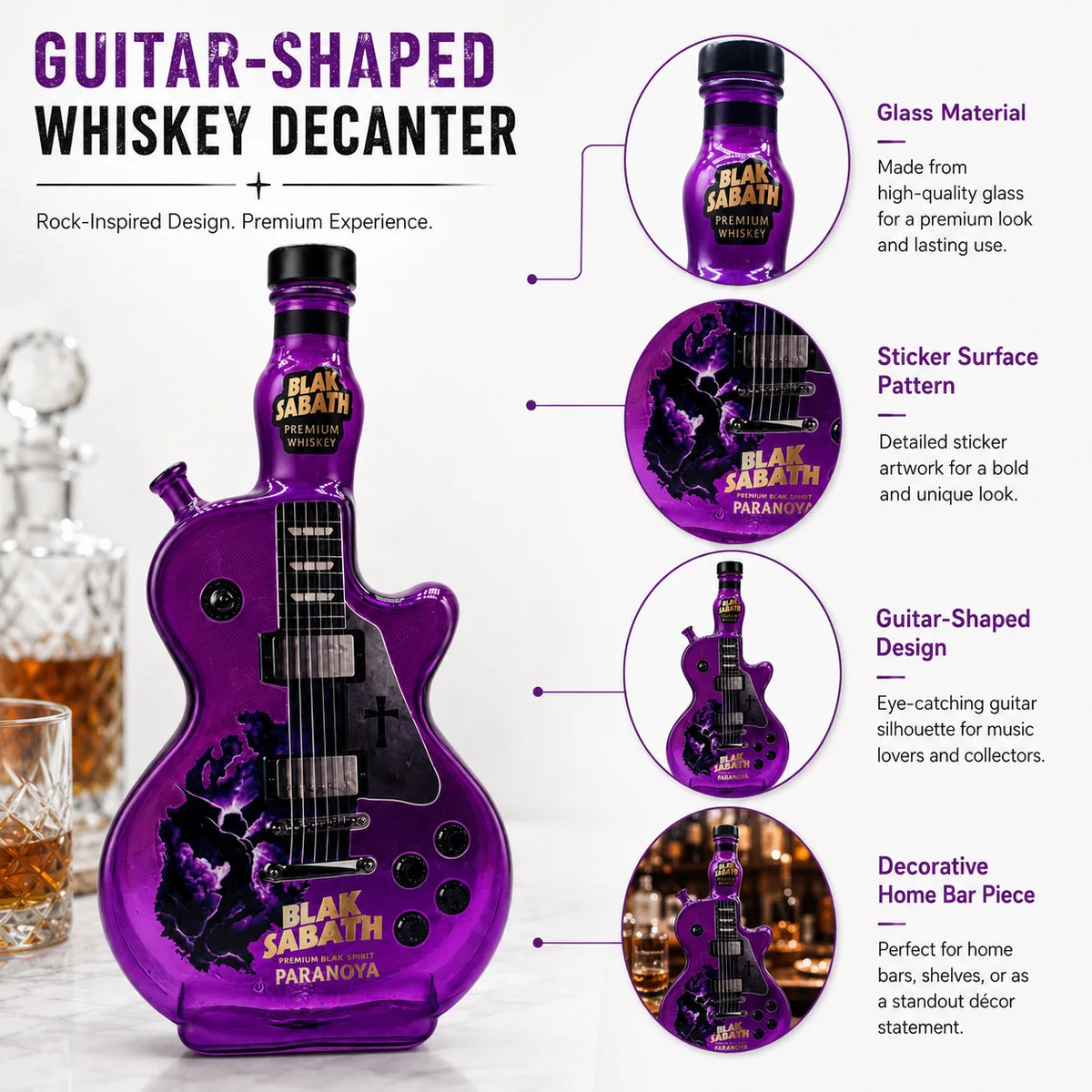 Black Sabbath Guitar Glass Decanter, Purple Rock Band Whiskey Bottle, Bar & Home Decorative Liquor Bottle