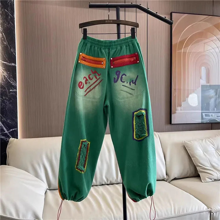 Painted Jeans Female 2024 Autumn New Personalized Elastic Waist Washed Ankle Banded Working Denim Pants Trendy