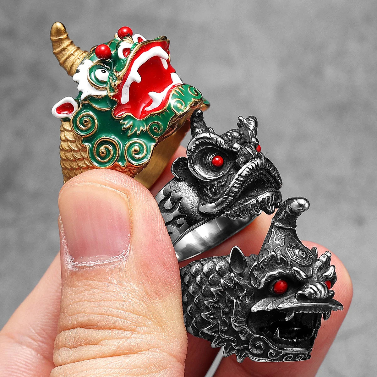 Chinese Lion Dance Unique Men Rings Stainless Steel Retro Punk Stylish Women Jewelry Fashion Accessories Gift Wholesale