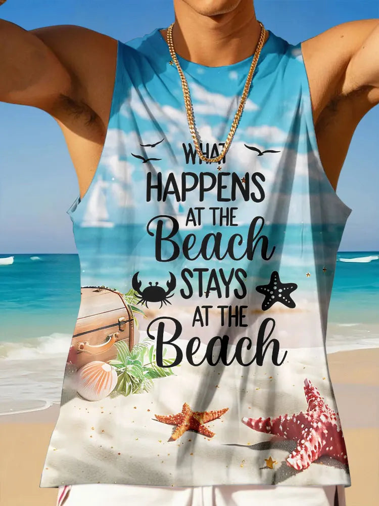 Summer Casual Everyday Sleeveless Top For Men Men's Crew Neck Tank Top With Hawaiian Print Men's Outdoor Beach Fashion Tank Top
