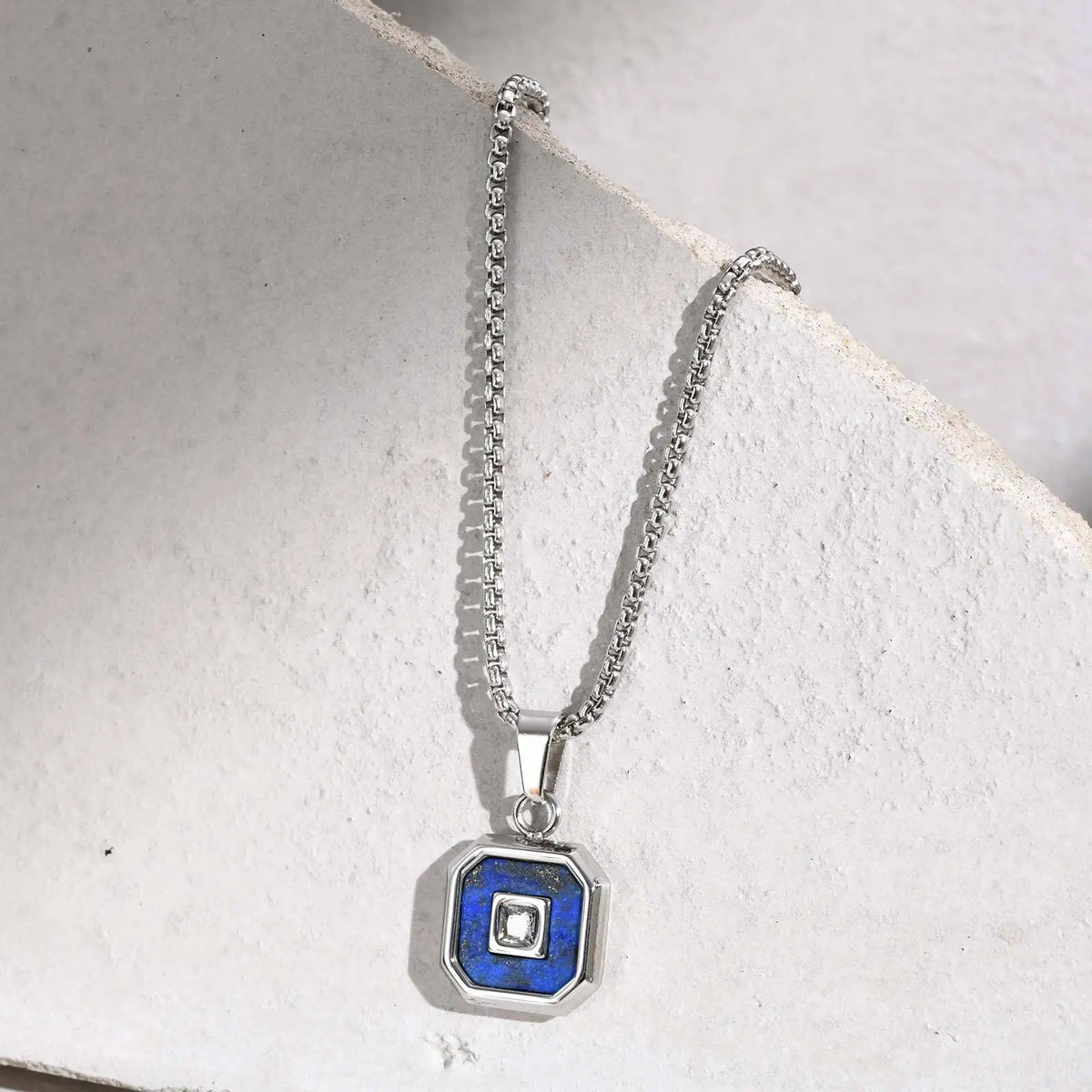 Stylish Square Pendant Necklaces for Men,Small Geometric Natural Stone Stainless Steel Pendant,Center Zircon Collars Gift