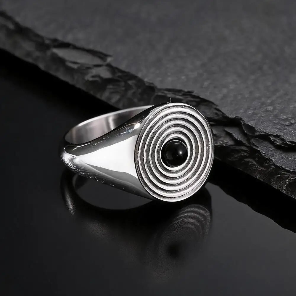 Men's Stainless Steel Signet Ring,Vintage Natural Stone Black Onyx Round Ring,Daily Wear Jewelry Gift