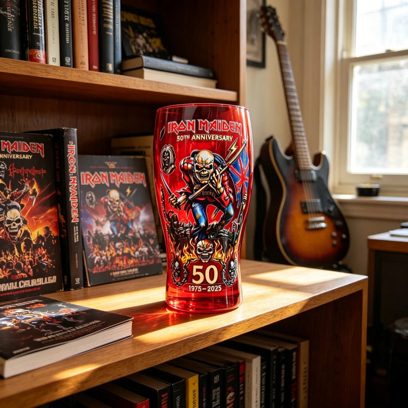 Iron Maiden 50th Anniversary Themed Pint Glass Heavy Metal Rock Band Inspired Beer Cup Collectible Drinkware for Bar Home Party