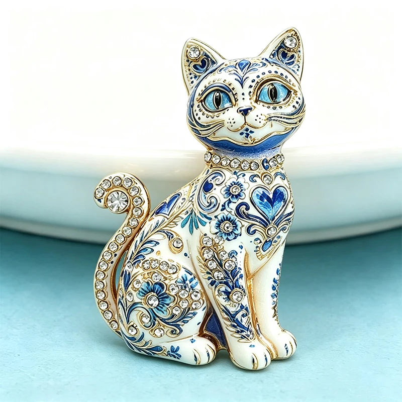 PENDRA Painted Enamel Rhinestone Cat Brooch
