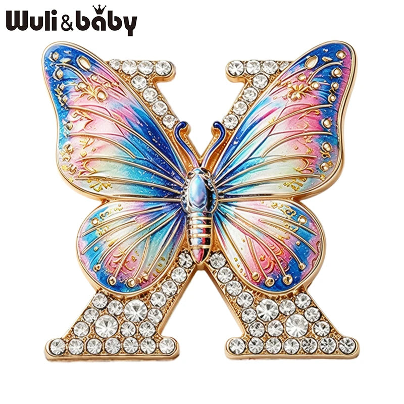 Wuli&baby X Butterfly Brooches For Women Unisex 2-color Rhinestone Insects English Letter Party Office Brooch Pin Gifts