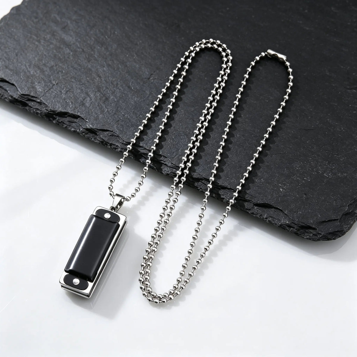Playable Mini Harmonica Necklace for Men,Rectangular Pendant with Stainless Steel Ball Chain,Punk Music Lover Jewelry Gift