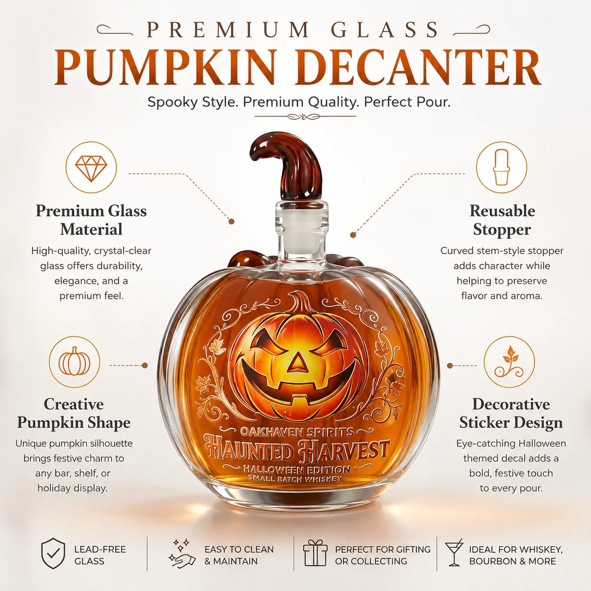 Spooky Jack‑O‑Lantern Liquor Decanter Halloween Pumpkin‑Shaped Glass Whiskey Bottle Home Tabletop Ornament X‑mas Present