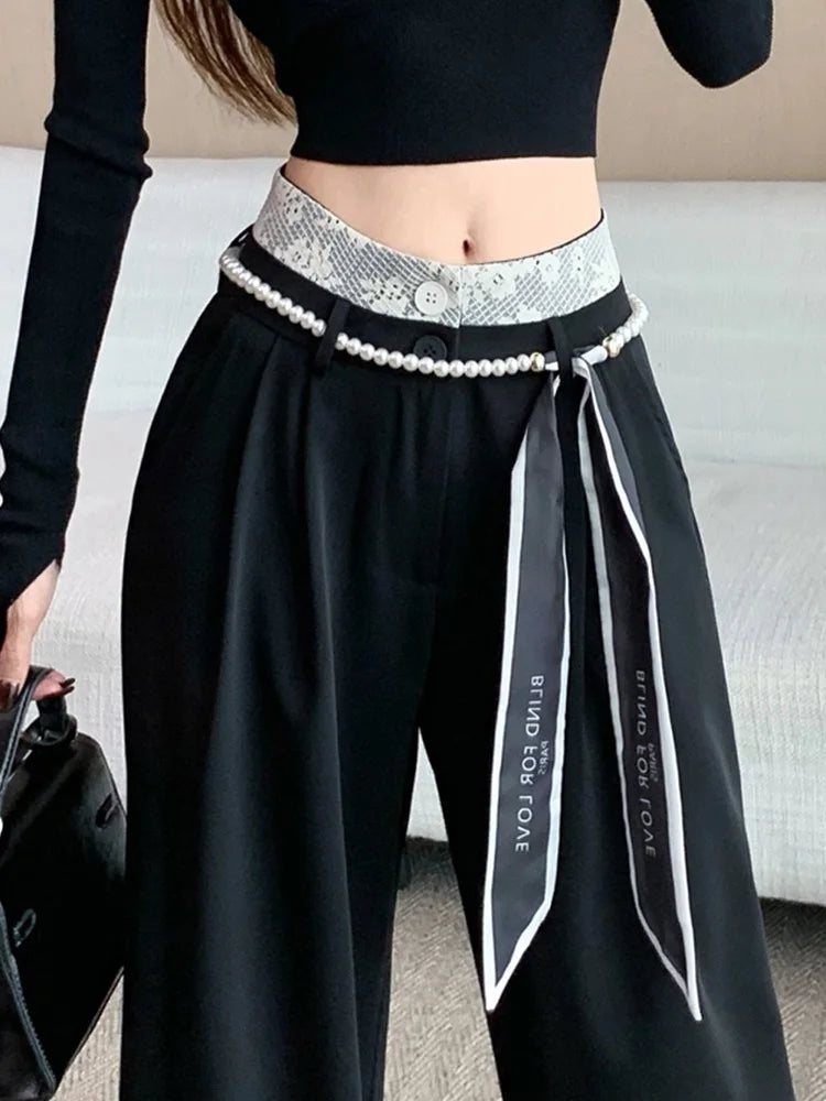 PENDRA Lace Panel High Waist Wide Leg Suit Pants
