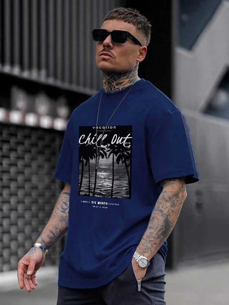 Summer Outdoor Casual Men's T-shirt Seaside Surf Men's Short Sleeve Letter Shark Print Men's T-shirt Daily Street Fashion T-shir
