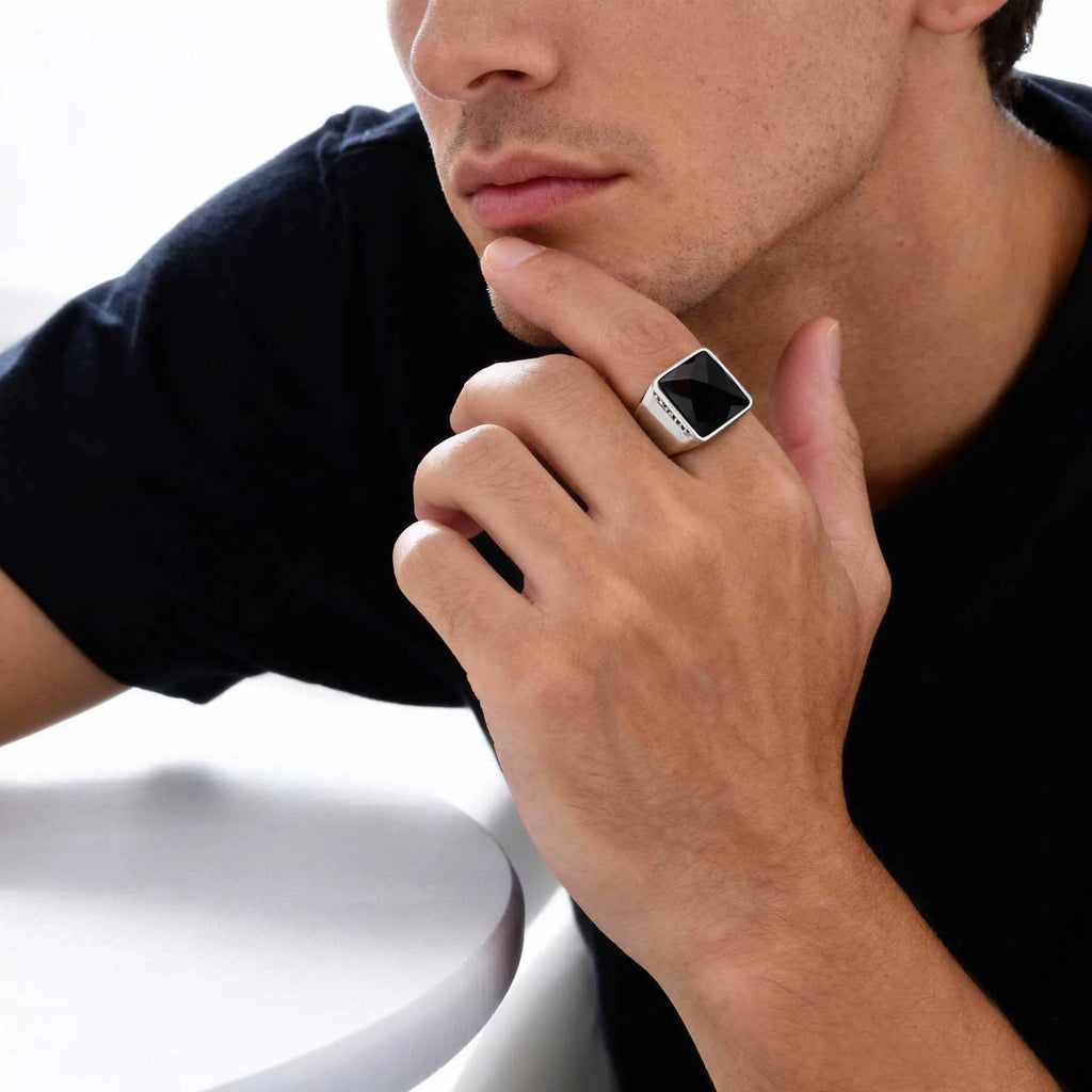 Black Square Ring for Men Boys,Waterproof Stainless Steel Signet Ring,Punk Ethnic Jewelry Gift