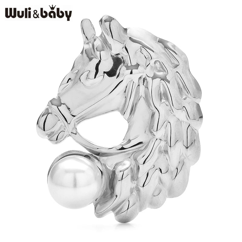 Wuli&baby Stainless Steel Horse Brooch Pin Pearl Animal Head Women Metal Badge Jewelry Accessory