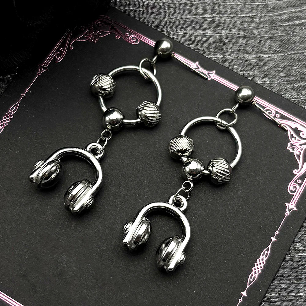 Hiphop Headset Musical Earrings Women Men Stainless Steel Silver Color Circle Dark Punk Male Y2K Drop Ear Rings Jewelry Gifts