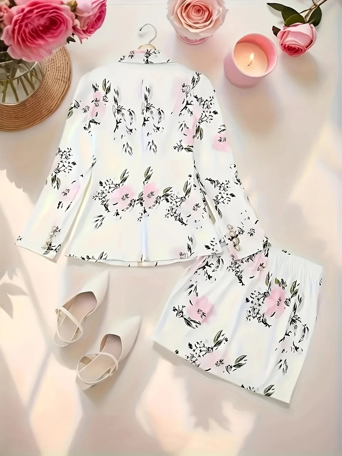 Elegant two-piece set, fashionable double breasted lapel suit jacket and high waisted floral print mini skirt, new women's set