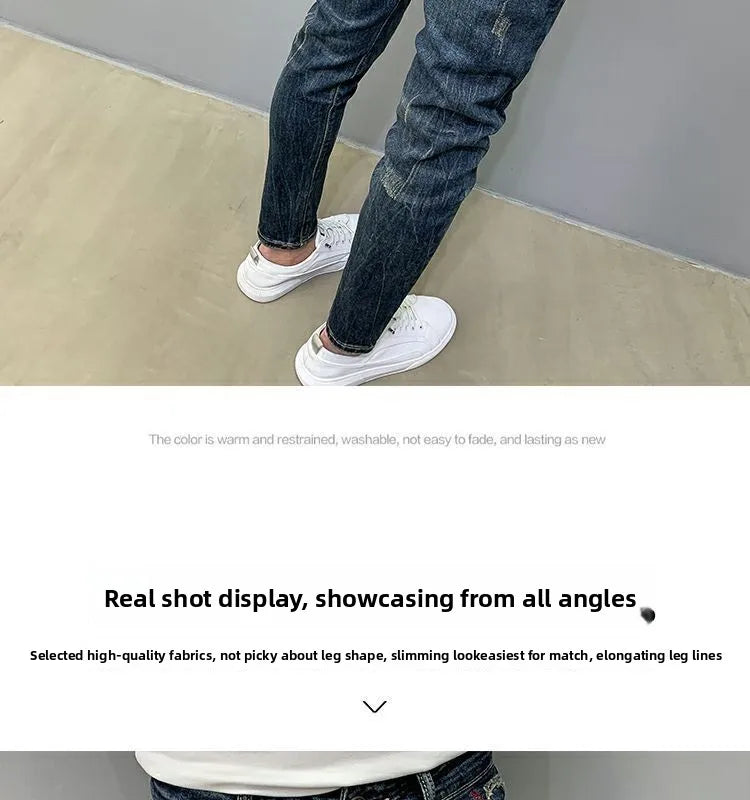 Harajuku Fashion Autumn New Blue Jeans Men's Trendy Brand Scratches Cargo Work Korean Slim-fitting Trousers Luxury Elastic Pants