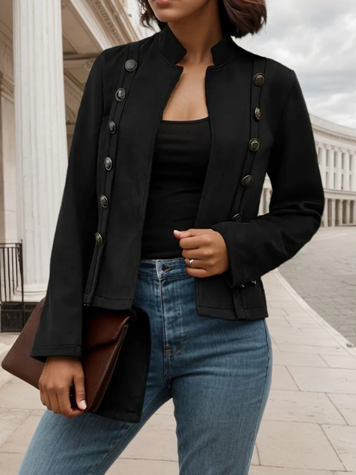 Double breasted solid color casual jacket, elegant long sleeved jacket, suitable for spring and autumn seasons