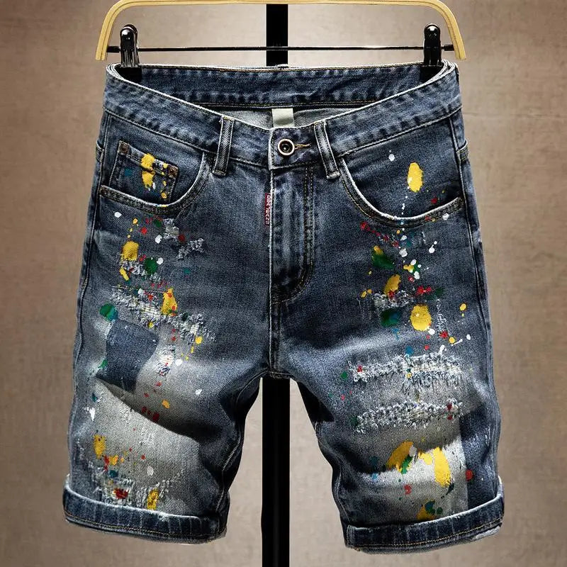 Beggar Ripped Denim Shorts Men's Summer Trendy Brand Ruffian Handsome Ink-splashing Elastic Washed Breeches Thin Short Pants