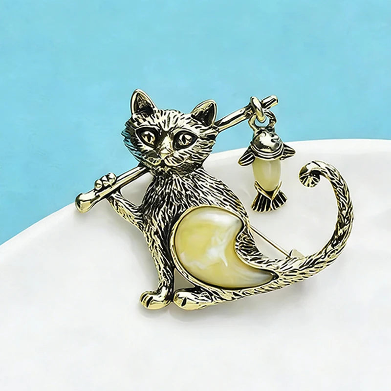 PENDRA Cat with Fish Enamel Brooch