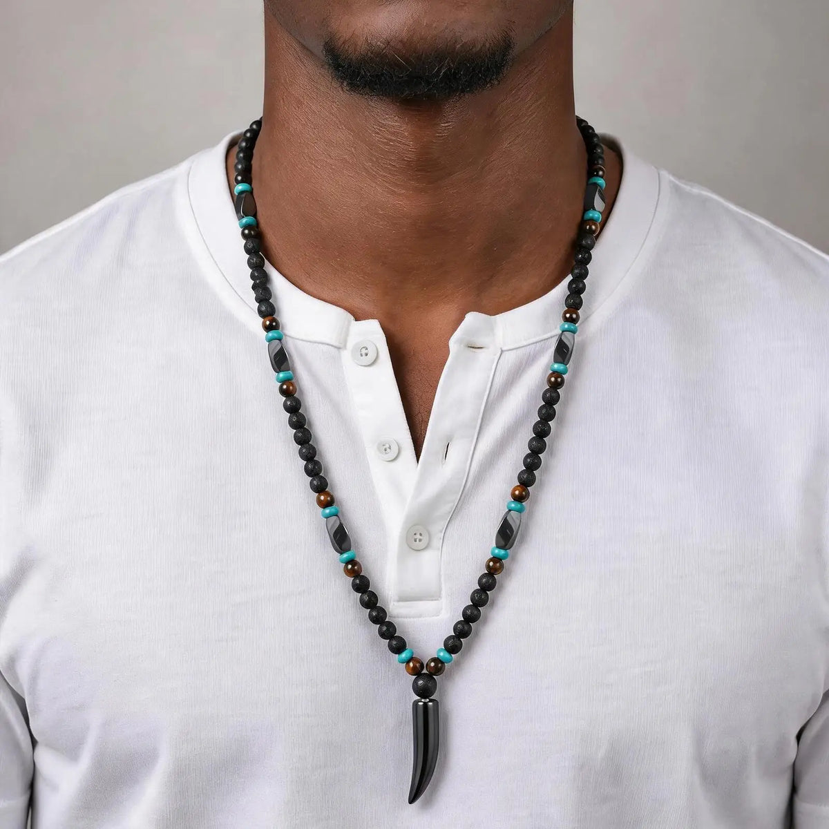 Punk Natural Stone Wolf's Tooth Necklace for Men,Healing Tiger Eye Hematite Pendant Necklace,Vintage Ethnic Jewelry