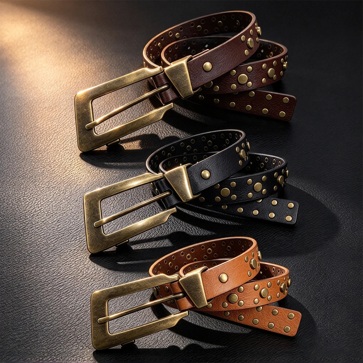 Korean Retro Rivet Belts Metal Pin Buckle PU Girdles Punk Design Waistbands Western Cowgirl Ladies Jeans Fashion Accessories