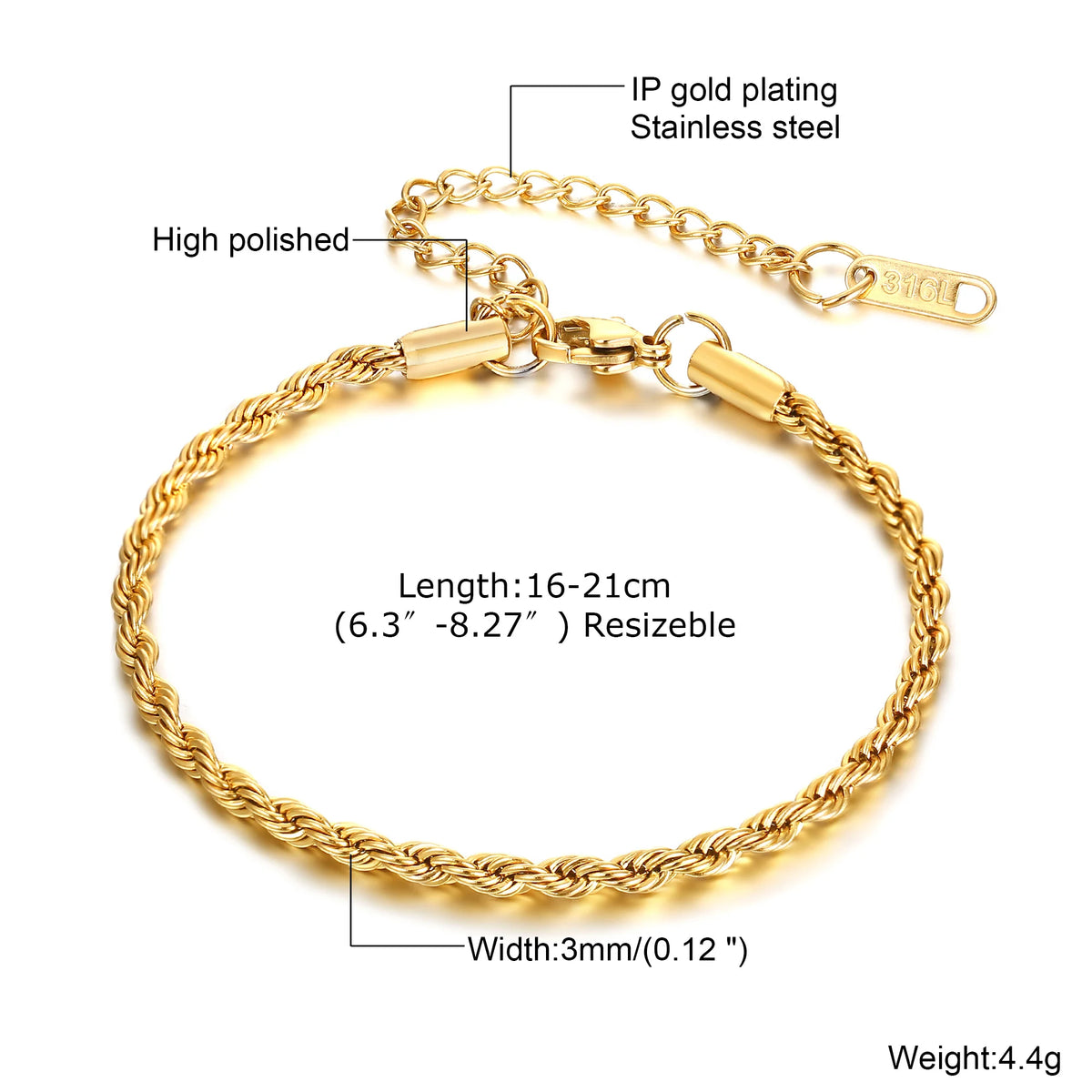 2/3/4/5mm Twist Rope Chain Bracelet for Men Women,Casual Stainless Steel Adjustable Chain Wristband,Gold/Siver Color Chain