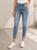 Summer women's mid waist elastic washed blue tight jeans with pockets, versatile and casual, suitable for casual wear outside