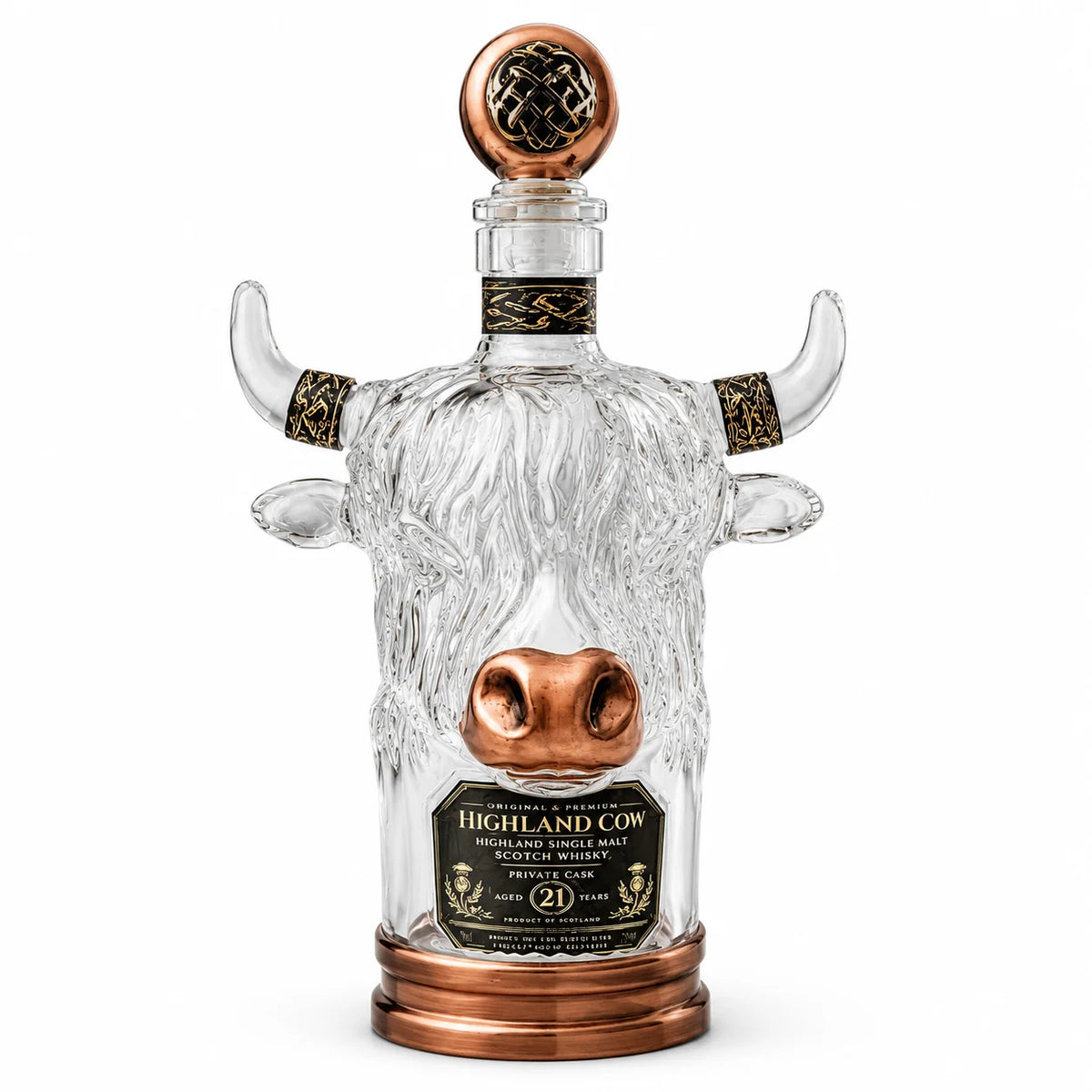 Scottish Highland Cow Glass Whiskey Decanter Vintage Copper Accent Liquor Bottle for Home Bar Display and Men’s Gift