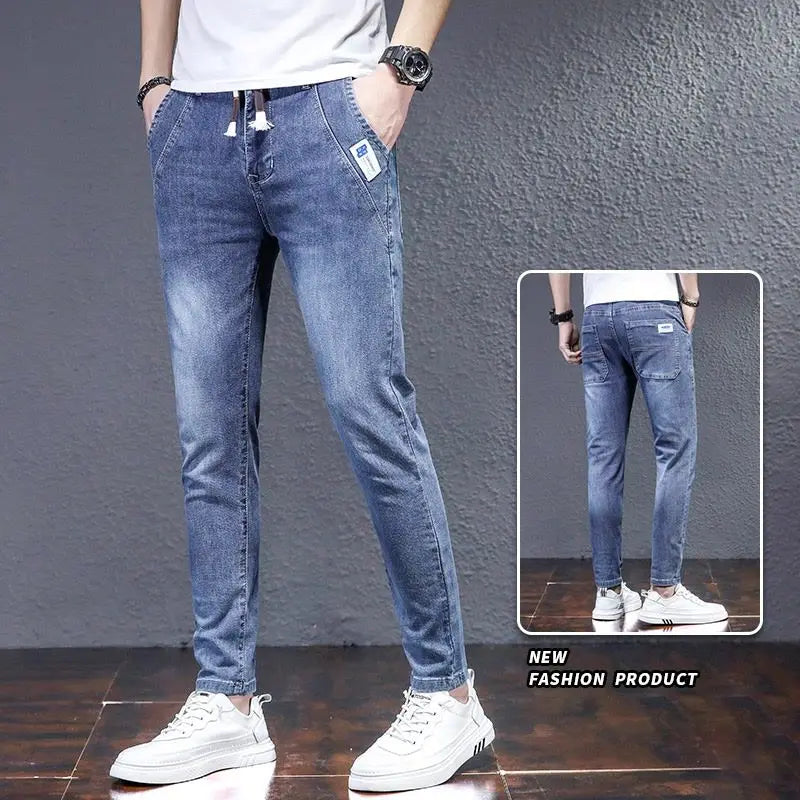 Man Fashion Elastic Waist Denim Jeans Men's Elastic Slim-fit Harlan 2026 New Light-colored Casual Trend Drawstring Men's Pants
