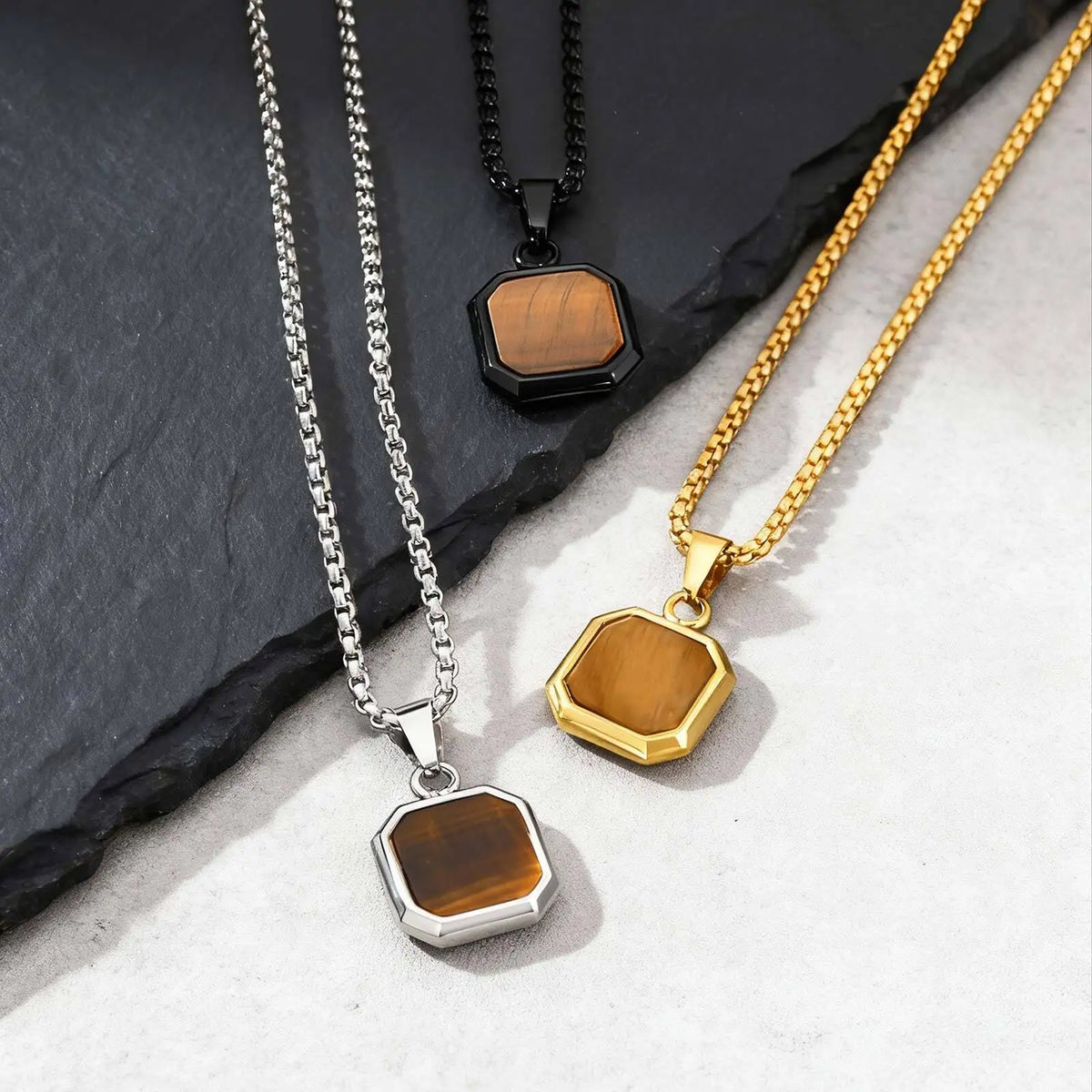 Brown Tiger Eye Stone Necklace for Men,Natural Stone Square Stainless Steel Necklace,Christmas  Anniversary Jewelry Gift