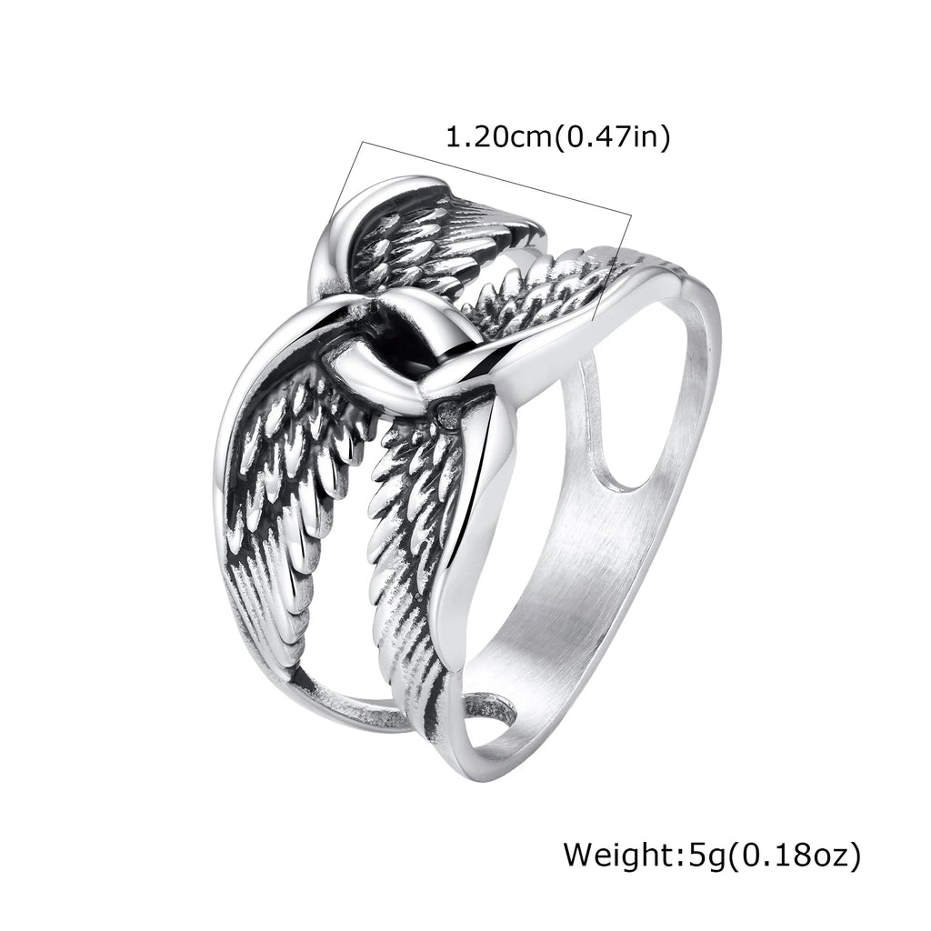 Punk Gothic Men Wings Ring,Stainless Steel Feather Band Statement Ring Signet Ring,Vintage Streetwear Trendy Jewelry Gift