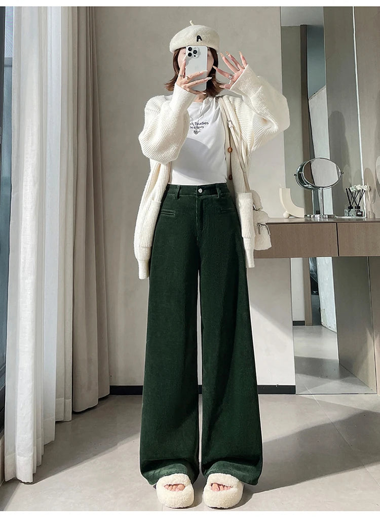 Corduroy suit wide leg pants women in autumn and winter high waist lazy style thick velvet warmth and versatile pants