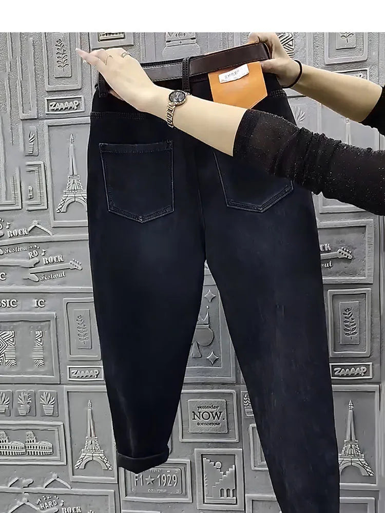 Autumn Winter High Waist Straight Jeans Women Loose Fit Stretch Haren Denim Pants Vintage Ladies Ankle-Length Jeans Pants 5XL