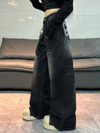 American Vintage Distressed Washed Letter Embroidery Loose Jeans Y2K Street Fashion Versatile Black Wide-Leg Pants For Women