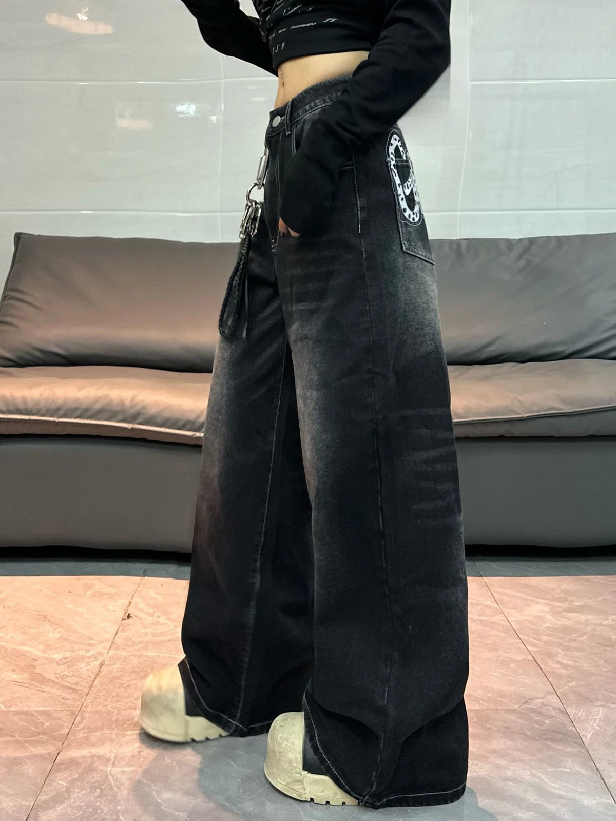 American Vintage Distressed Washed Letter Embroidery Loose Jeans Y2K Street Fashion Versatile Black Wide-Leg Pants For Women